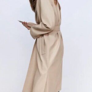 NEW! $90 ZARA Vegan Leather TRENCH COAT Midi Length Ivory Size XL 16 18 Lined